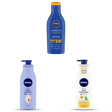 NIVEA Sun Lotion, SPF 50, 75 ml & NIVEA Body Lotion for Dry Skin, Shea Smooth, 400 ml & Nivea Aloe Protection SPF 15, Summer Body Lotions 400 ml
